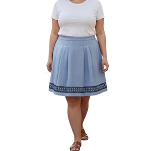 Tommy Hilfiger Chambray  A-Line Skirt Size 18 Navy Embroidery Hem Pleated Front